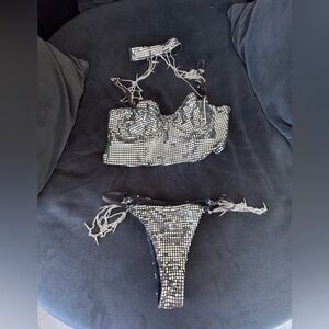 Women's  Silver Embellished Top and Bottom Set